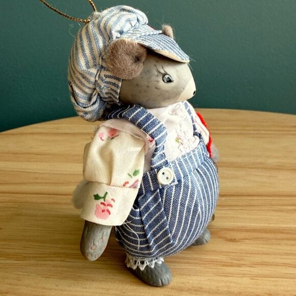 1983 Kurt Adler Christmas Ornament Porcelain Boy Mouse in Overalls Cap Bell - Picture 3 of 10